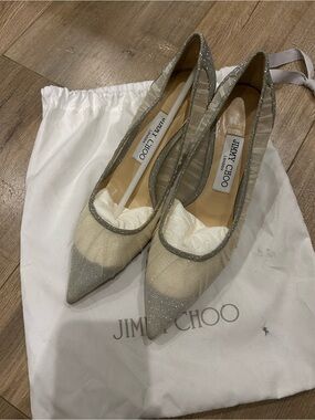 🚩steal Jimmy Choo Beige and Silver Pointed Mesh Pumps